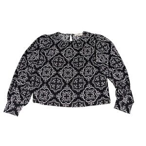 LOFT Black and White Ornate Long Sleeve Blouse Size Medium